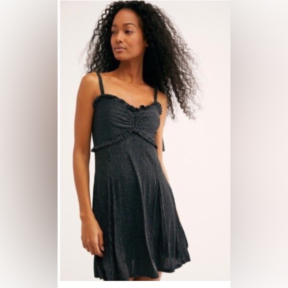 NWT Free People Shine Like This Mini Dress Size 8 Black Silver Metallic Stripe
